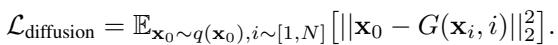 ]\n\\mathcal { L } _ { \\mathrm { d i f f u s i o n } } = \\mathbb { E } _ { \\mathbf { x } _ { 0 } \\sim q ( \\mathbf { x } _ { 0 } ) , i \\sim [ 1 , N ] } \\left[ | | \\mathbf { x } _ { 0 } - G ( \\mathbf { x } _ { i } , i ) | | _ { 2 } ^ { 2 } \\right] .\n[