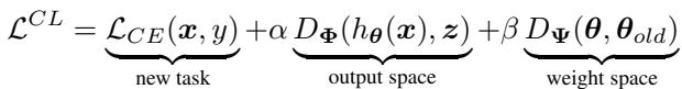 The generalized Continual Learning optimization objective. It consists of three parts: the loss on the new task, an output space regularization term, and a weight space regularization term.