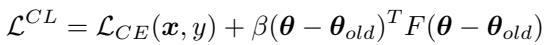 The loss function for Elastic Weight Consolidation (EWC). It adds a quadratic penalty to changes in weights, weighted by the Fisher Information Matrix F.