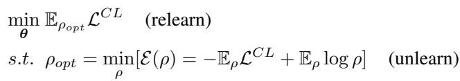 The high-level optimization problem for Refresh Learning. The relearn step minimizes the expected CL loss over an optimal parameter distribution found through the unlearn step.