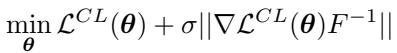 The theoretical optimization objective that Refresh Learning approximately solves. It minimizes the standard CL loss plus a term penalizing the Fisher Information Matrix weighted gradient norm.