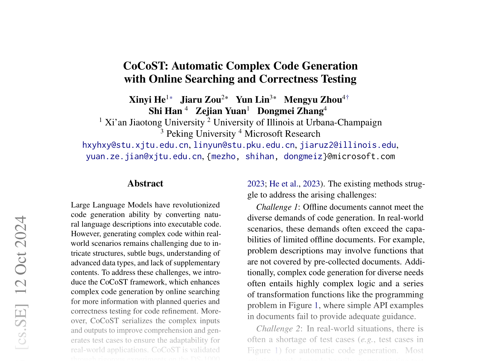 [CoCoST: Automatic Complex Code Generation with Online Searching and Correctness Testing 🔗](https://arxiv.org/abs/2403.13583)