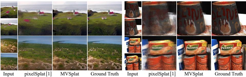 Cross-dataset generalization tests show MVSplat producing high-quality results on outdoor and object scenes even when trained only on indoor scenes, while pixelSplat’s quality degrades significantly.