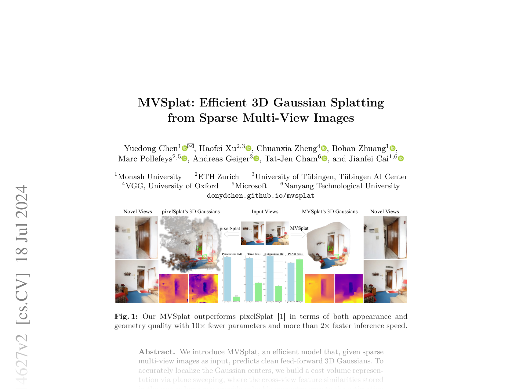 [MVSplat: Efficient 3D Gaussian Splatting from Sparse Multi-View Images 🔗](https://arxiv.org/abs/2403.14627)