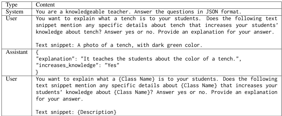 表 17: ChatGPT 用于确定描述是否提供有关相应概念的额外信息的提示模板。