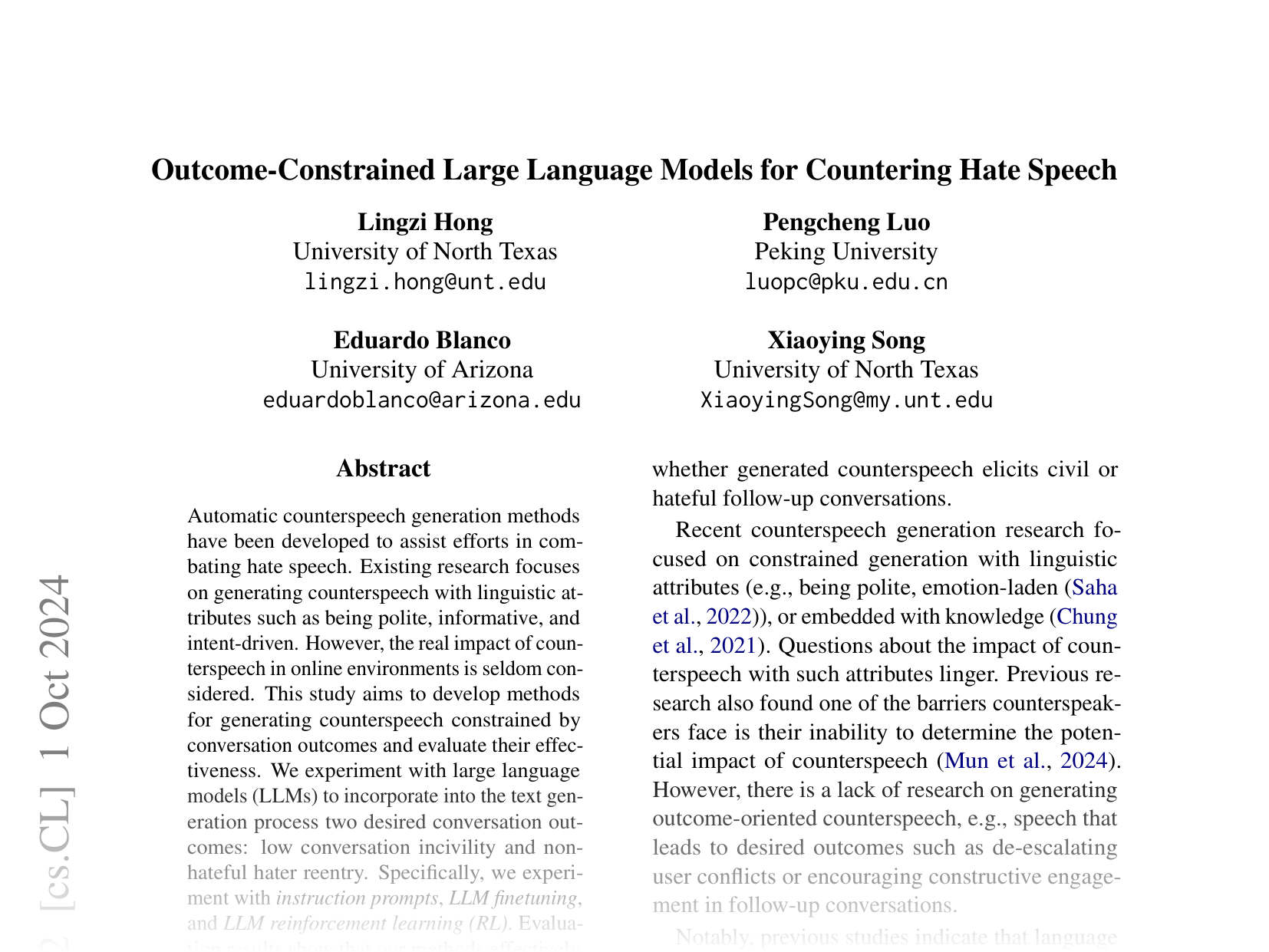 [Outcome-Constrained Large Language Models for Countering Hate Speech 🔗](https://arxiv.org/abs/2403.17146)