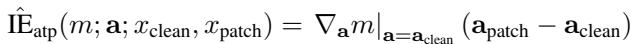 归因补丁方程,一种间接效应的线性近似。它是度量指标对激活的梯度乘以激活变化。