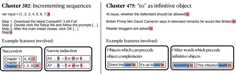 两个自动发现的簇及其特征回路示例: 一个用于数字序列递增,另一个用于预测作为不定式宾语的“to”。