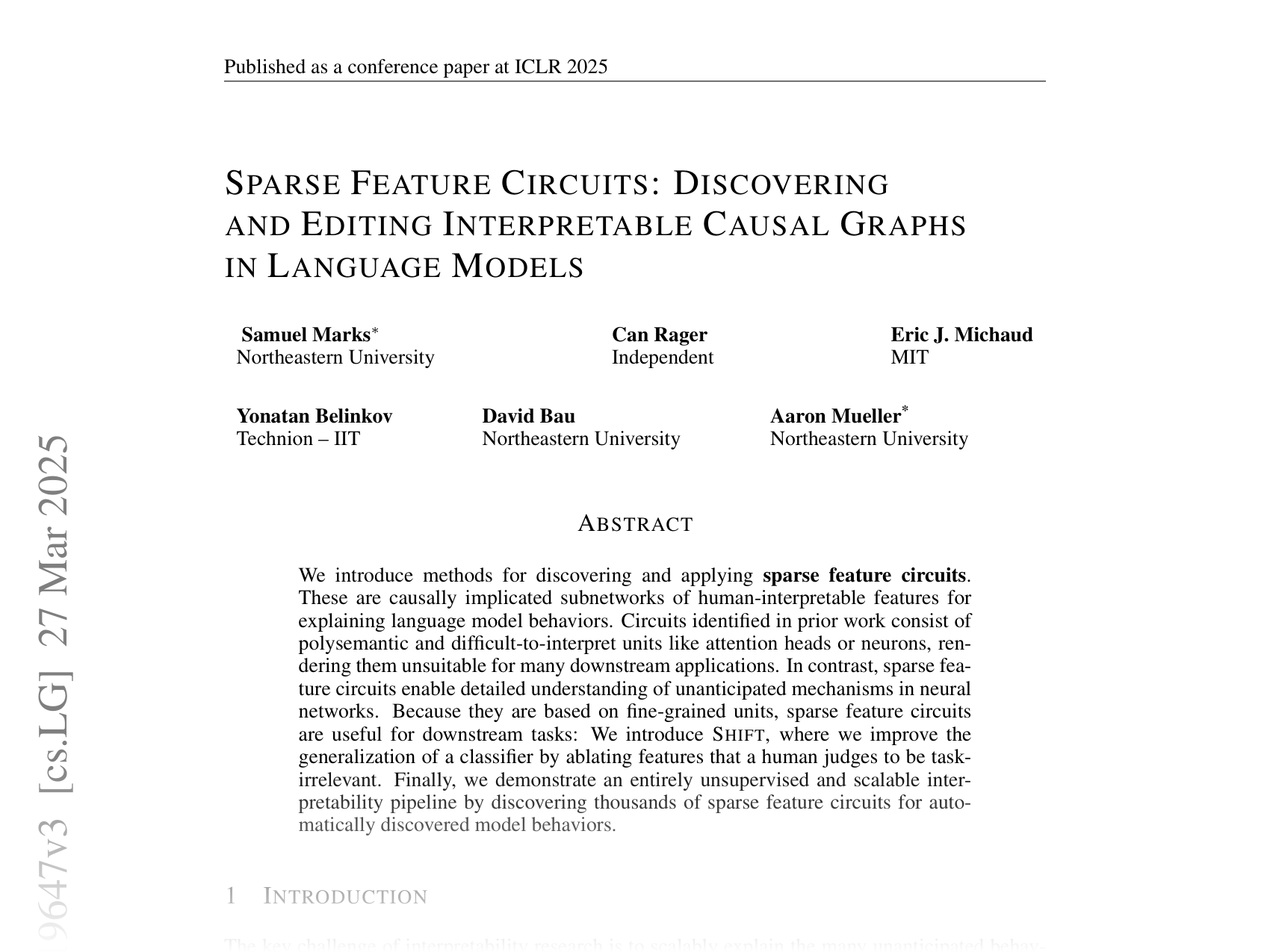 [Sparse Feature Circuits: Discovering and Editing Interpretable Causal Graphs in Language Models 🔗](https://arxiv.org/abs/2403.19647)