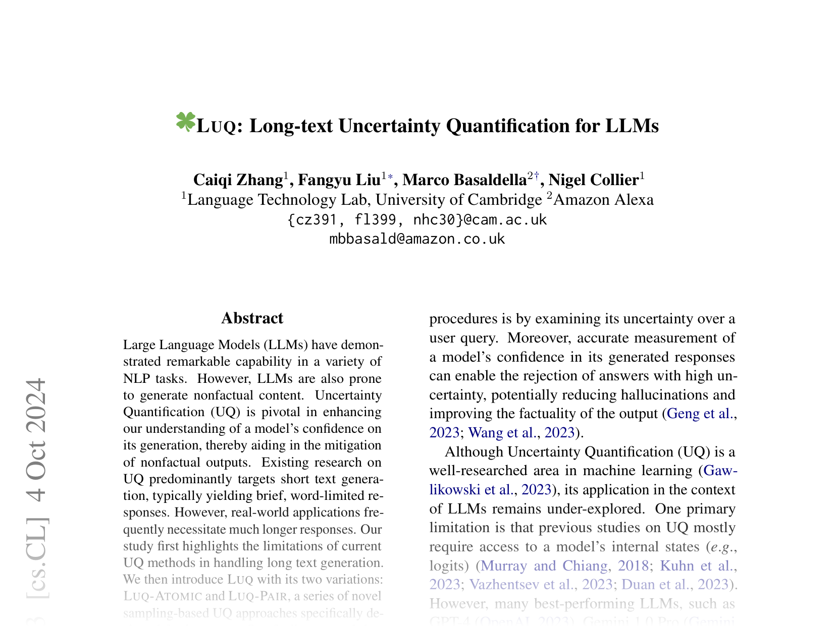 [LUQ: Long-text Uncertainty Quantification for LLMs 🔗](https://arxiv.org/abs/2403.20279)