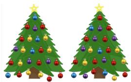 Task (counting): Count the number of blue, violet, red and yellow christmas balls.
