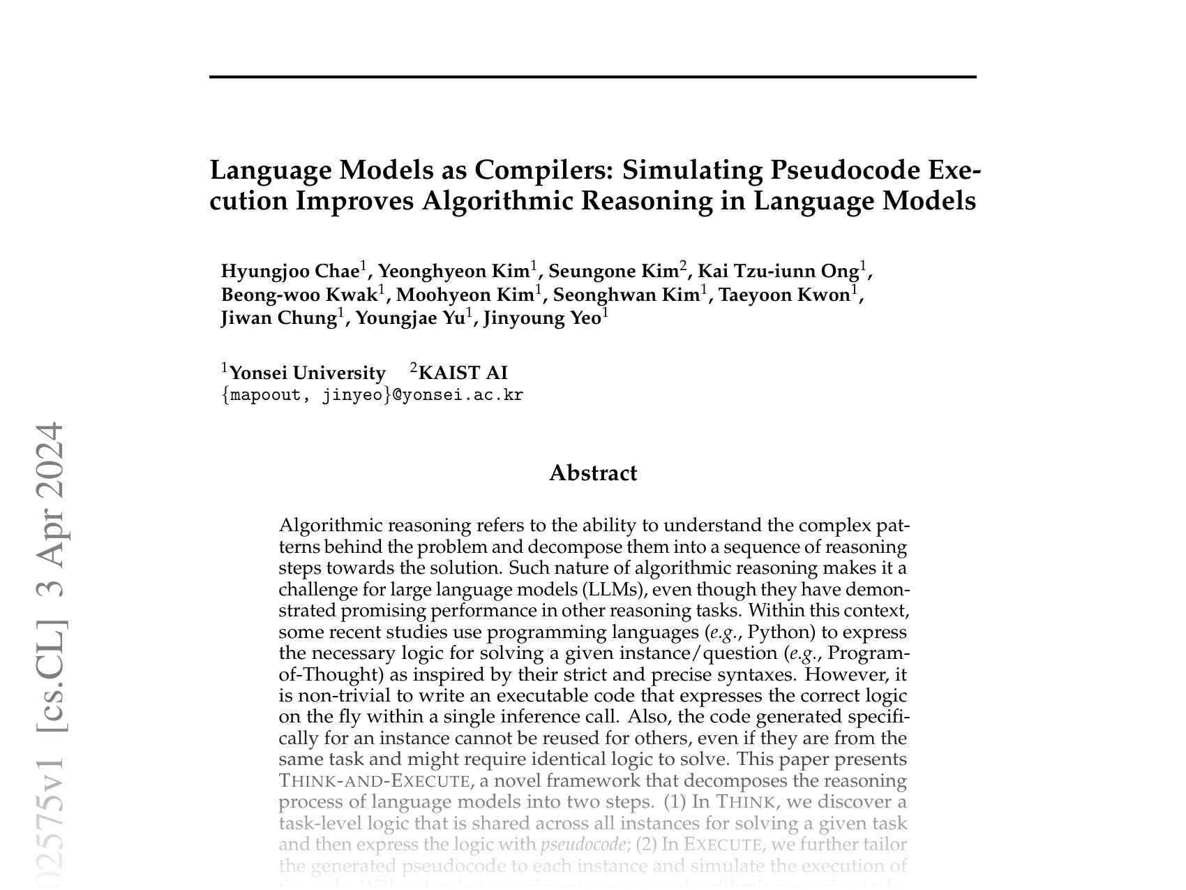 [Language Models as Compilers: Simulating Pseudocode Execution Improves Algorithmic Reasoning in Language Models 🔗](https://arxiv.org/abs/2404.02575)