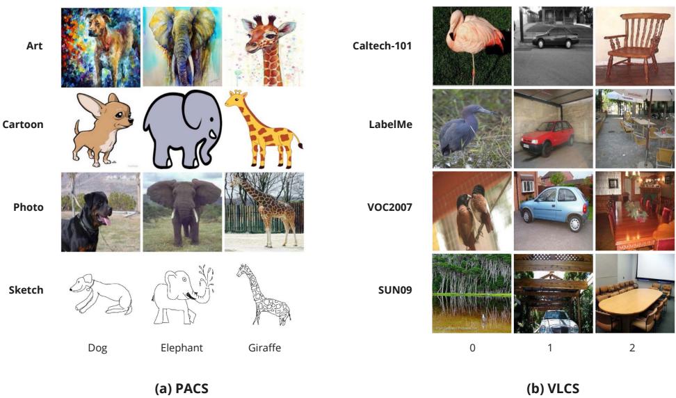 Example images from PACS and VLCS datasets, showing style- and environment-based domain variations.