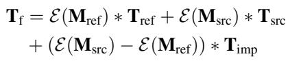 Equation showing the final fusion of Reference, Source, and Implicit triplanes using eroded masks.