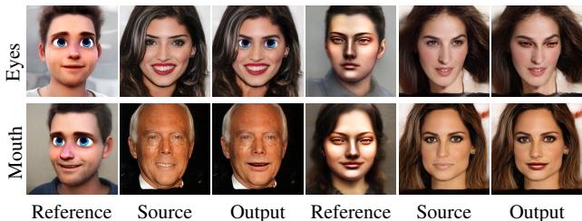 Cross-generator edits showing stylized cartoon features transferred to realistic faces.