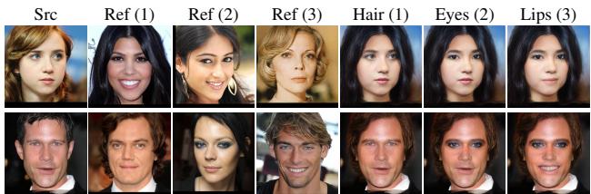 Simultaneous editing results showing hair, eyes, and lips being swapped in a single pass.