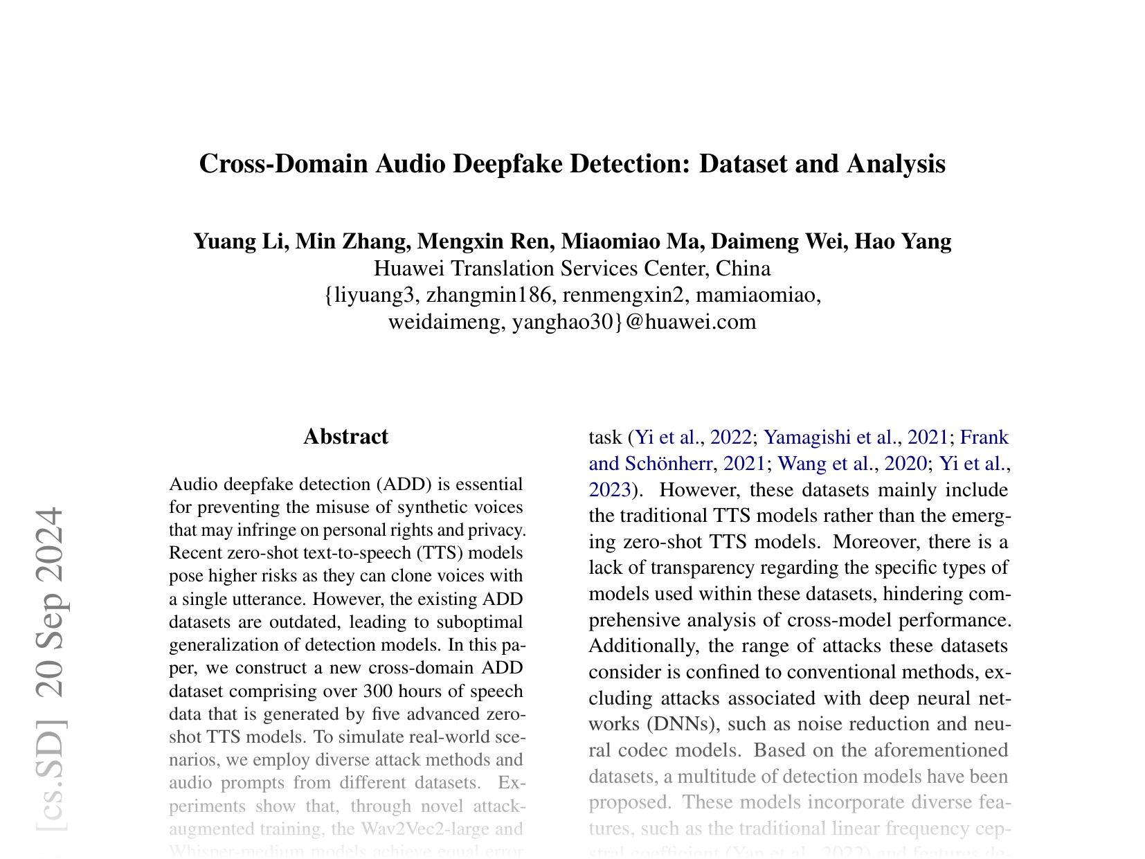 [Cross-Domain Audio Deepfake Detection: Dataset and Analysis 🔗](https://arxiv.org/abs/2404.04904)