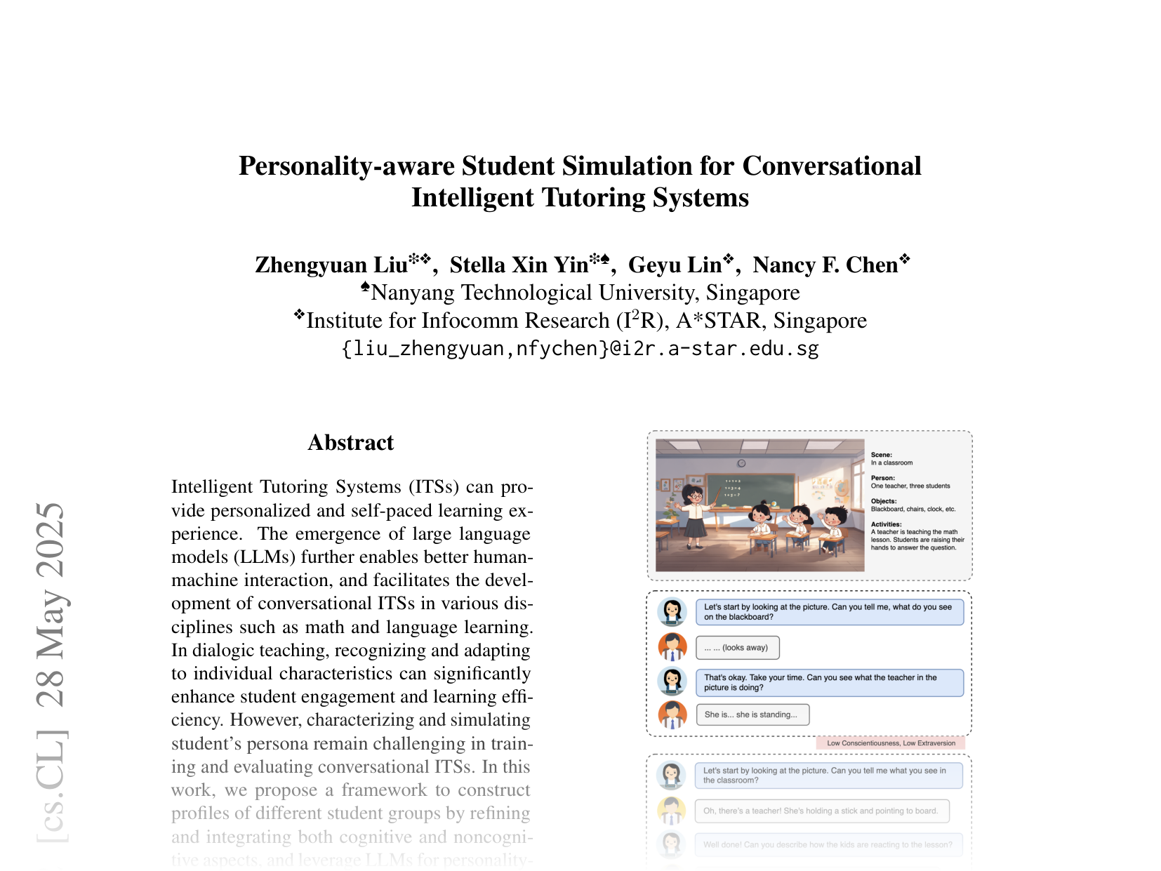 [Personality-aware Student Simulation for Conversational Intelligent Tutoring Systems 🔗](https://arxiv.org/abs/2404.06762)