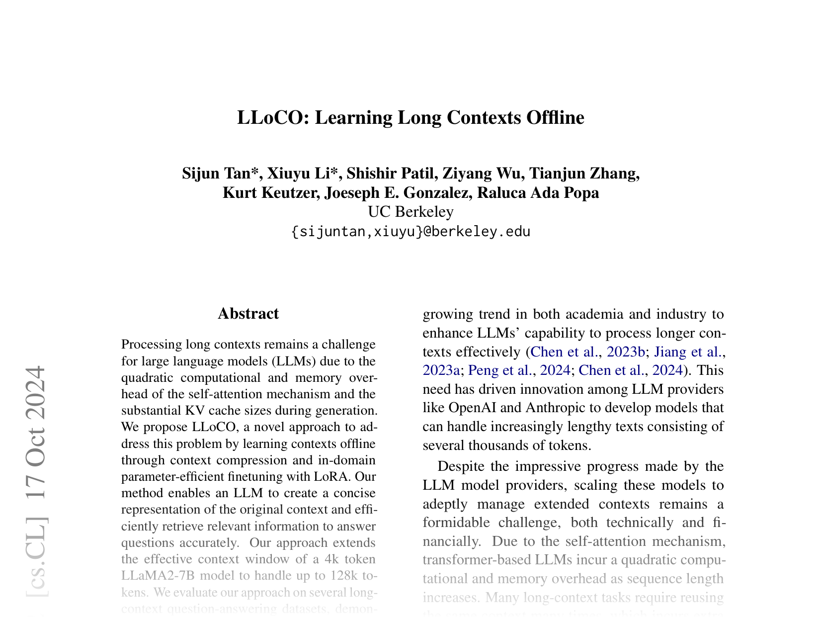 [LLoCO: Learning Long Contexts Offline 🔗](https://arxiv.org/abs/2404.07979)