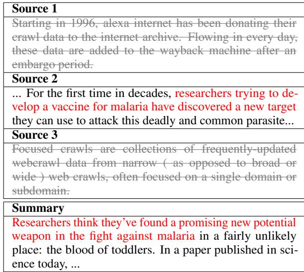 表1: Multi-News数据集中的噪声文档示例。来源 1 和 3 对摘要没有贡献。我们的目标是在没有人工标注员的情况下识别此类噪声文档。
