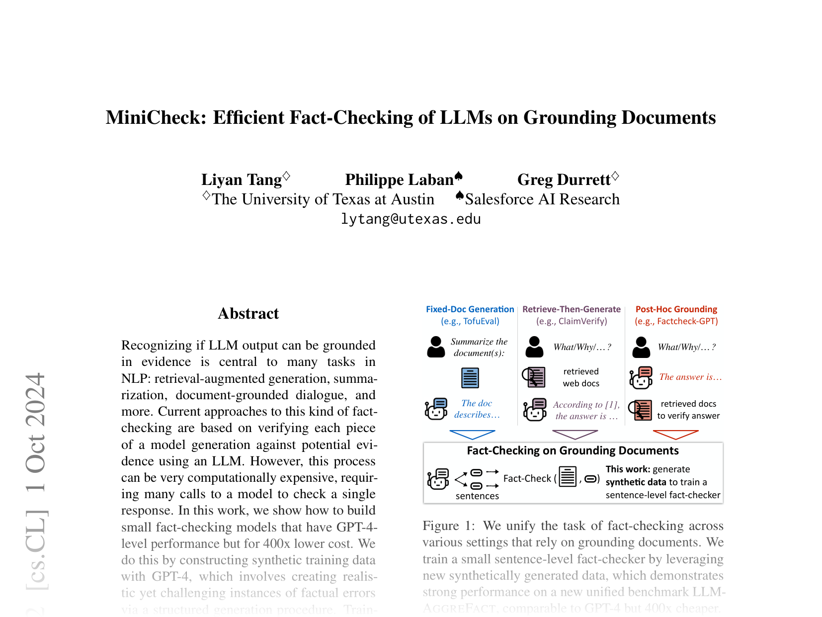 [MiniCheck: Efficient Fact-Checking of LLMs on Grounding Documents 🔗](https://arxiv.org/abs/2404.10774)