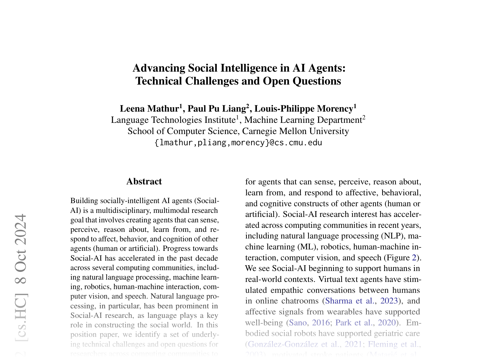 [Advancing Social Intelligence in AI Agents: Technical Challenges and Open Questions 🔗](https://arxiv.org/abs/2404.11023)
