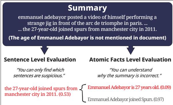 句子级评估与原子事实级评估的比较。括号中的数字表示通过将每个句子和原子事实与源文档逐句比较获得的最大 NLI 蕴含分数。