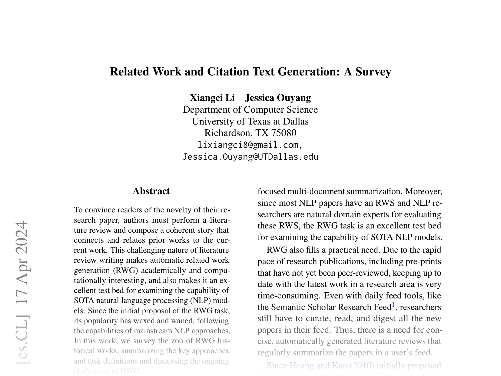 [Related Work and Citation Text Generation: A Survey 🔗](https://arxiv.org/abs/2404.11588)