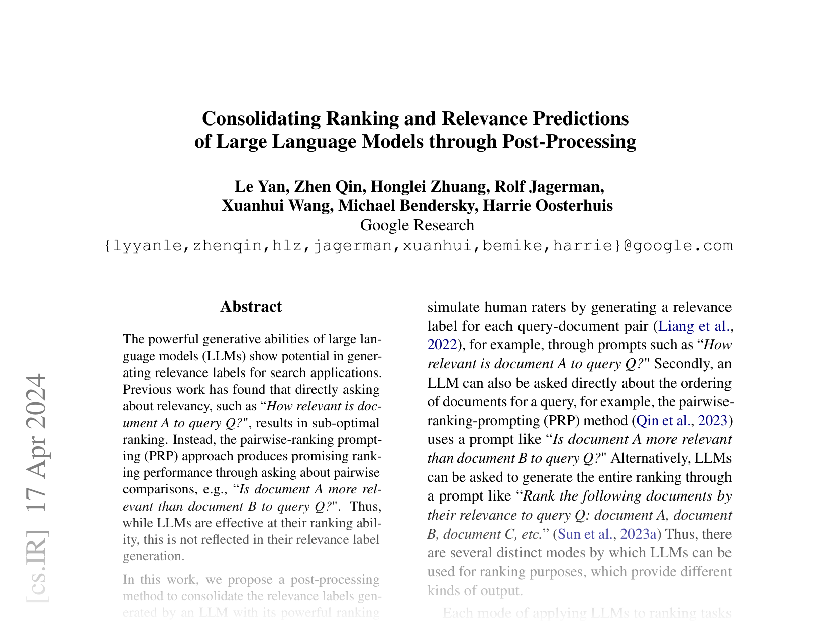 [Consolidating Ranking and Relevance Predictions of Large Language Models through Post-Processing 🔗](https://arxiv.org/abs/2404.11791)