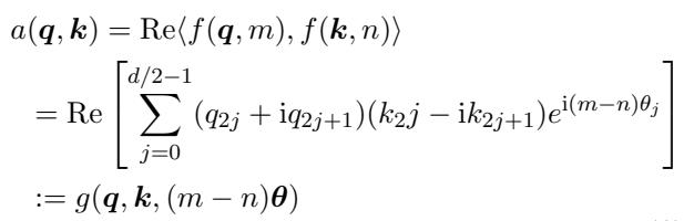 显示 RoPE 注意力分数如何取决于相对距离的方程。