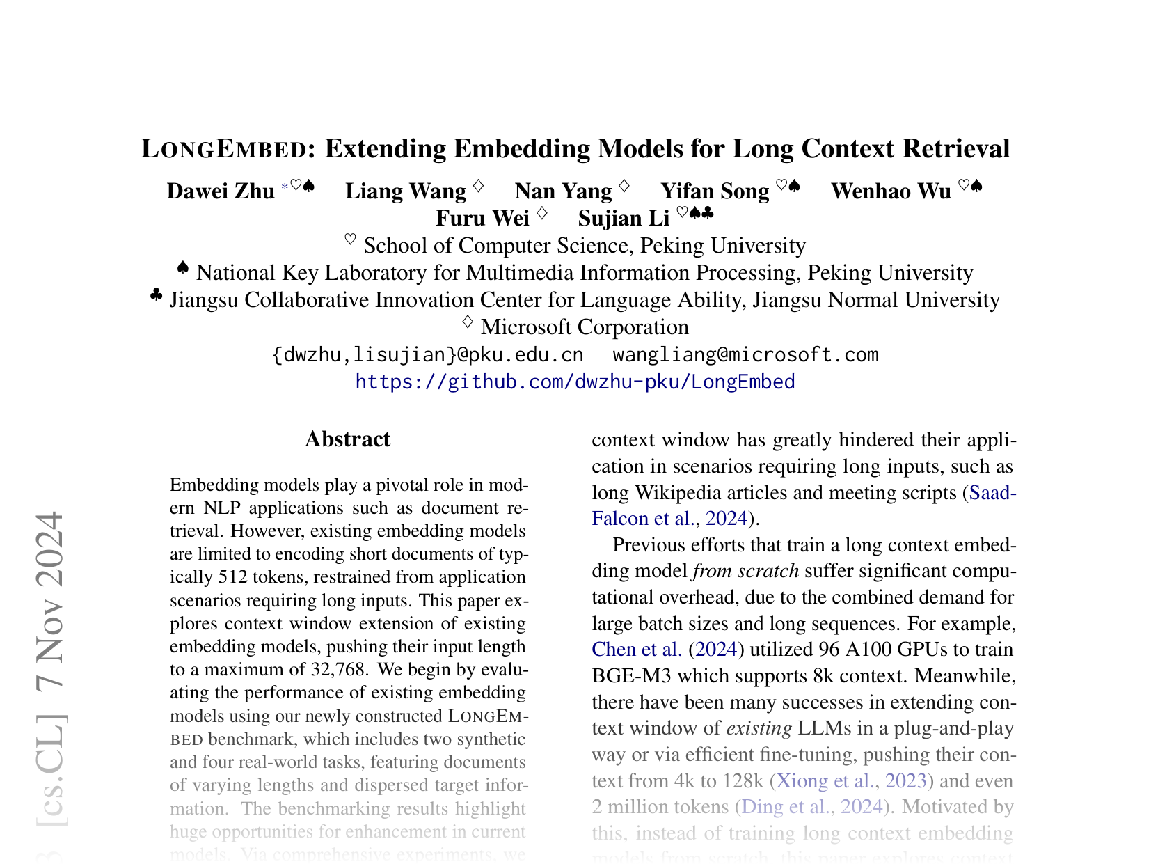 [LONGEMBED: Extending Embedding Models for Long Context Retrieval 🔗](https://arxiv.org/abs/2404.12096)