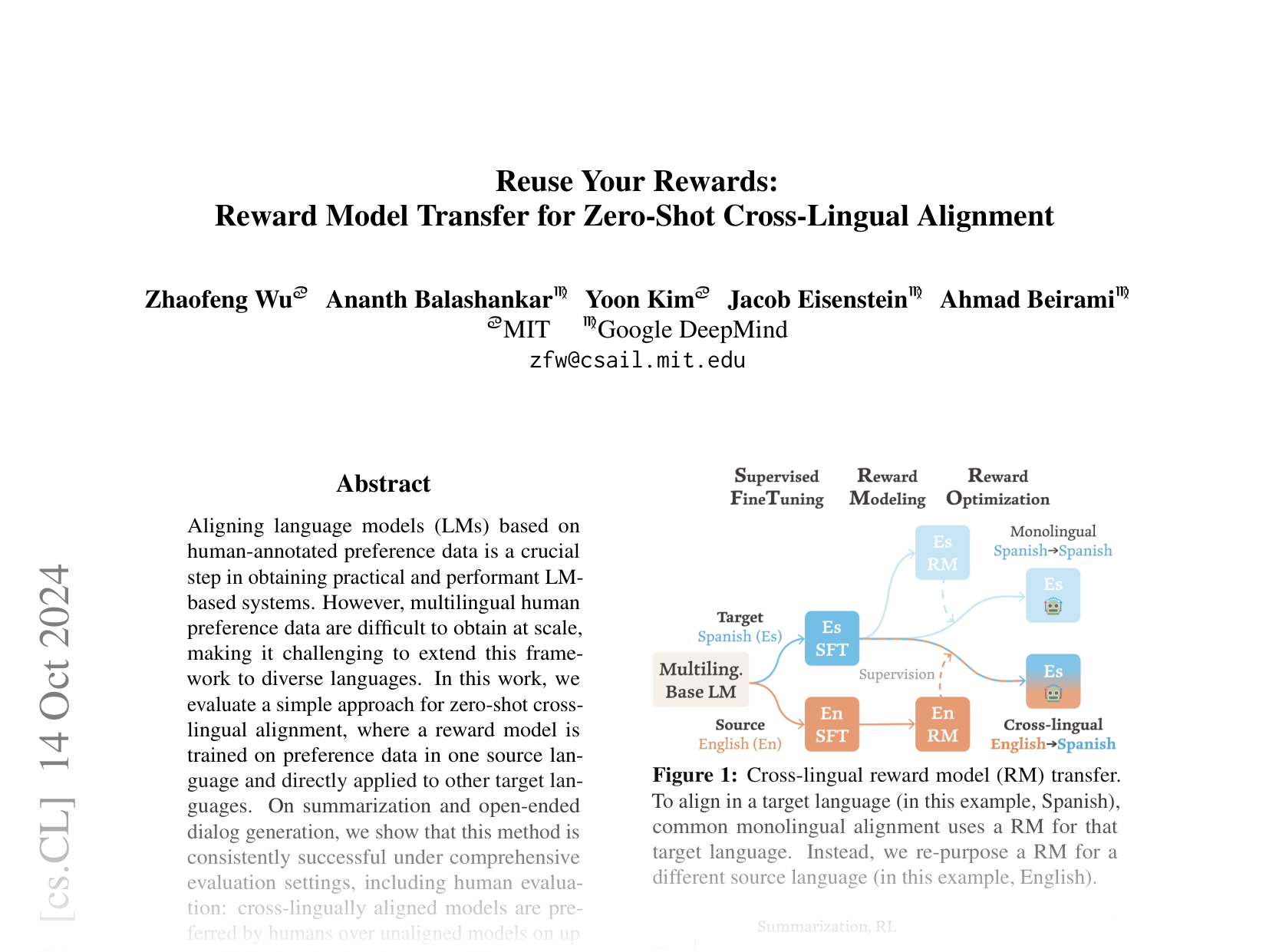 [Reuse Your Rewards: Reward Model Transfer for Zero-Shot Cross-Lingual Alignment 🔗](https://arxiv.org/abs/2404.12318)