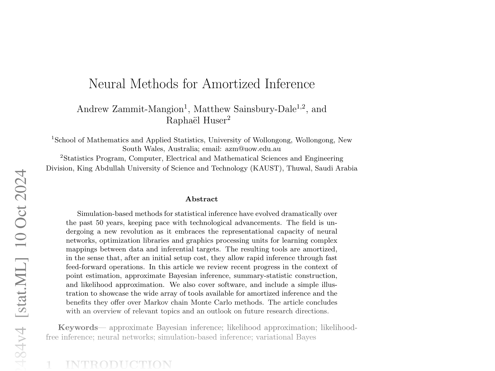[Neural Methods for Amortized Inference 🔗](https://arxiv.org/abs/2404.12484)