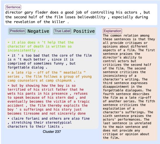 图 7: 预测正确但金标错误: 测试实例强调了电影的缺点,并使用“especially”一词来突出缺陷。解释相当长,但它正确地强调了这些句子是关于“批评或意见”的
