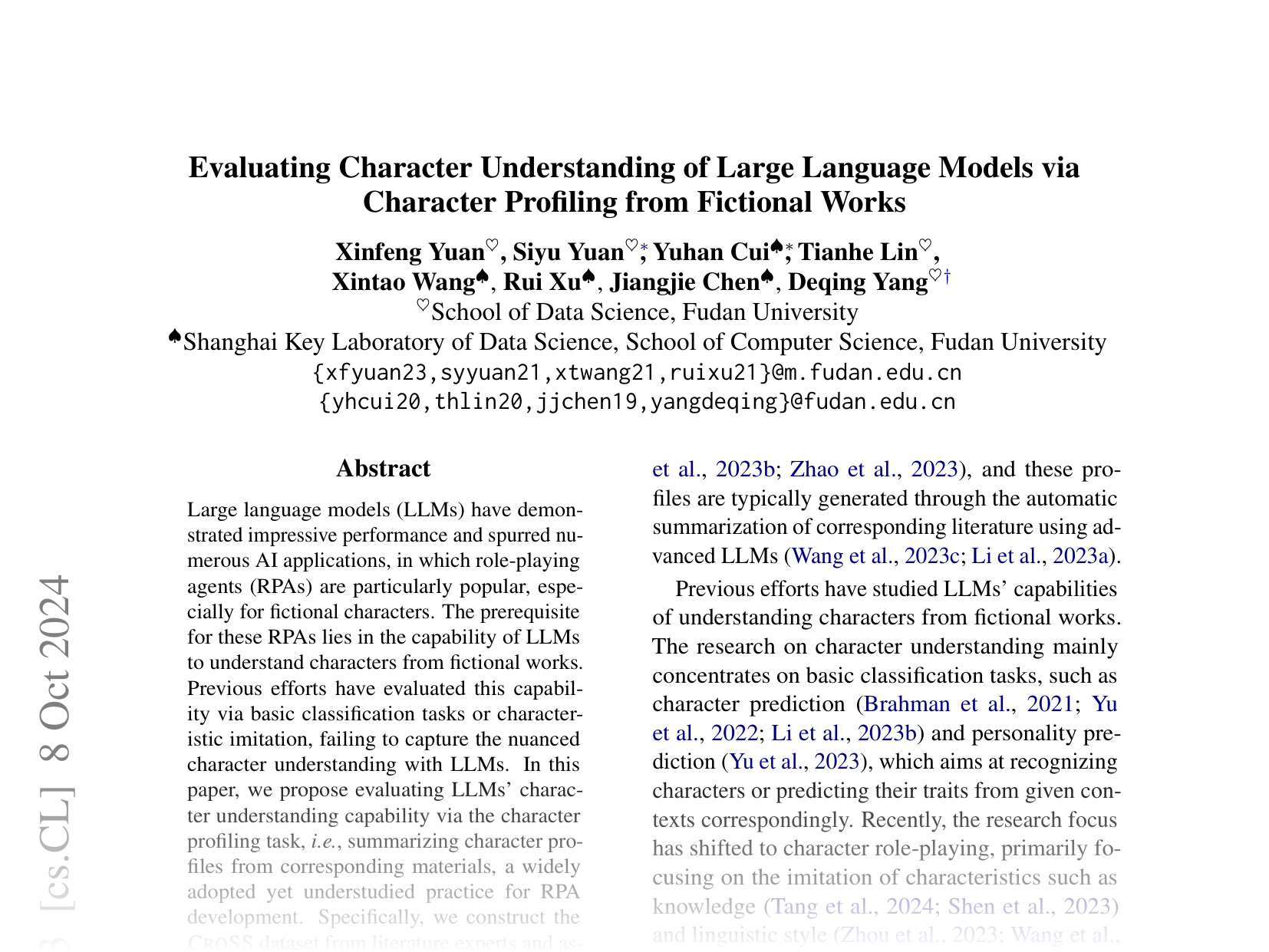 [Evaluating Character Understanding of Large Language Models via Character Profiling from Fictional Works 🔗](https://arxiv.org/abs/2404.12726)