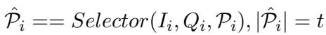 Equation 1 showing the Selector function filtering the retrieved documents P into a smaller subset P-hat based on image I and question Q.