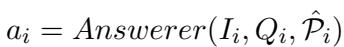 Equation 2 showing the Answerer function predicting answer a_i based on the filtered knowledge set.