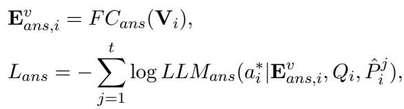 Equation 3 and 4 showing the Answerer loss function training on the ground truth answer a* using the selected knowledge.