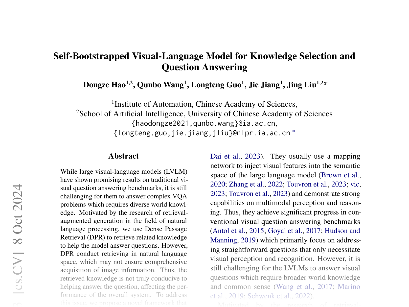 [Self-Bootstrapped Visual-Language Model for Knowledge Selection and Question Answering 🔗](https://arxiv.org/abs/2404.13947)