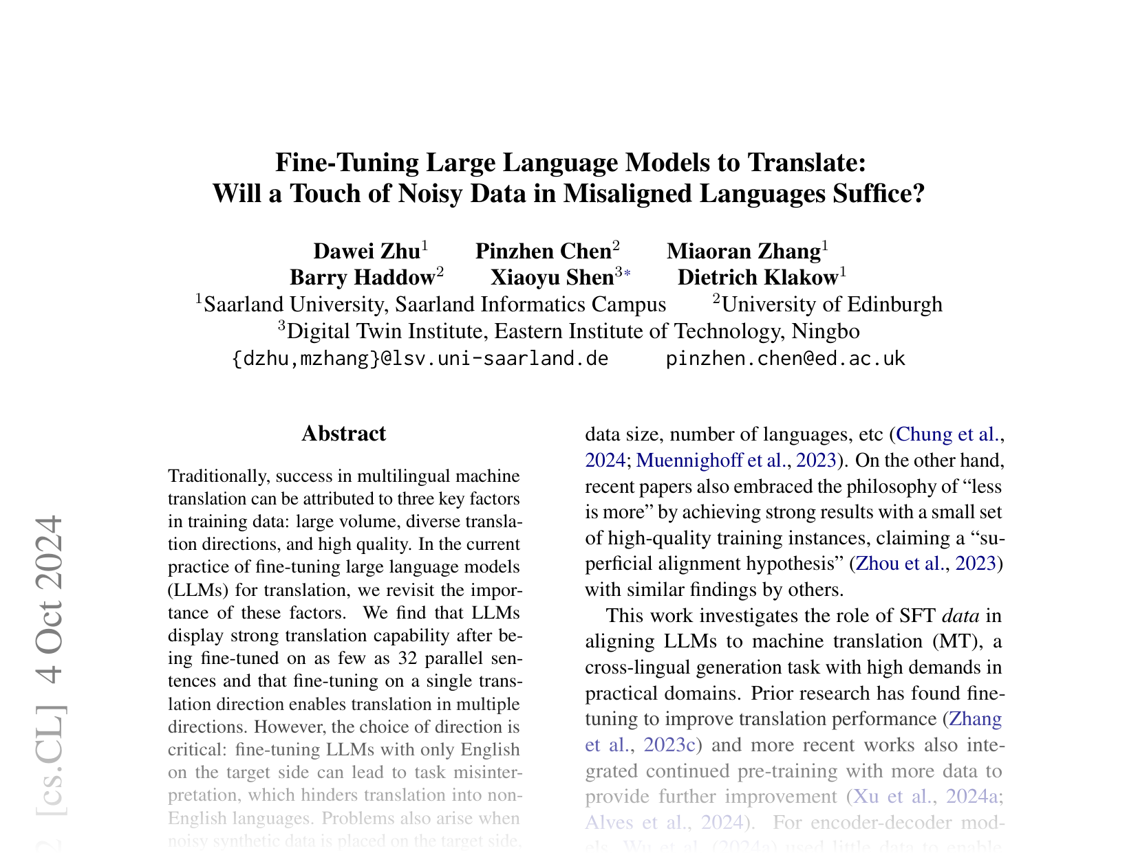 [Fine-Tuning Large Language Models to Translate: Will a Touch of Noisy Data in Misaligned Languages Suffice? 🔗](https://arxiv.org/abs/2404.14122)