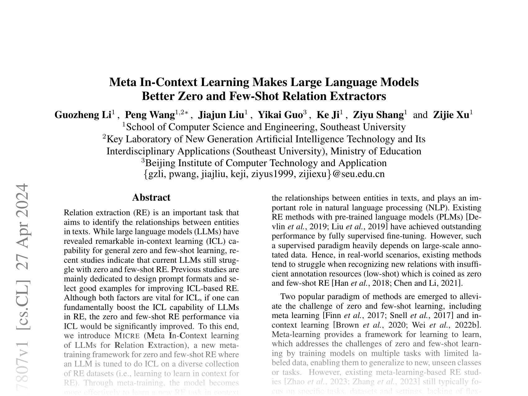 [Meta In-Context Learning Makes Large Language Models Better Zero and Few-Shot Relation Extractors 🔗](https://arxiv.org/abs/2404.17807)