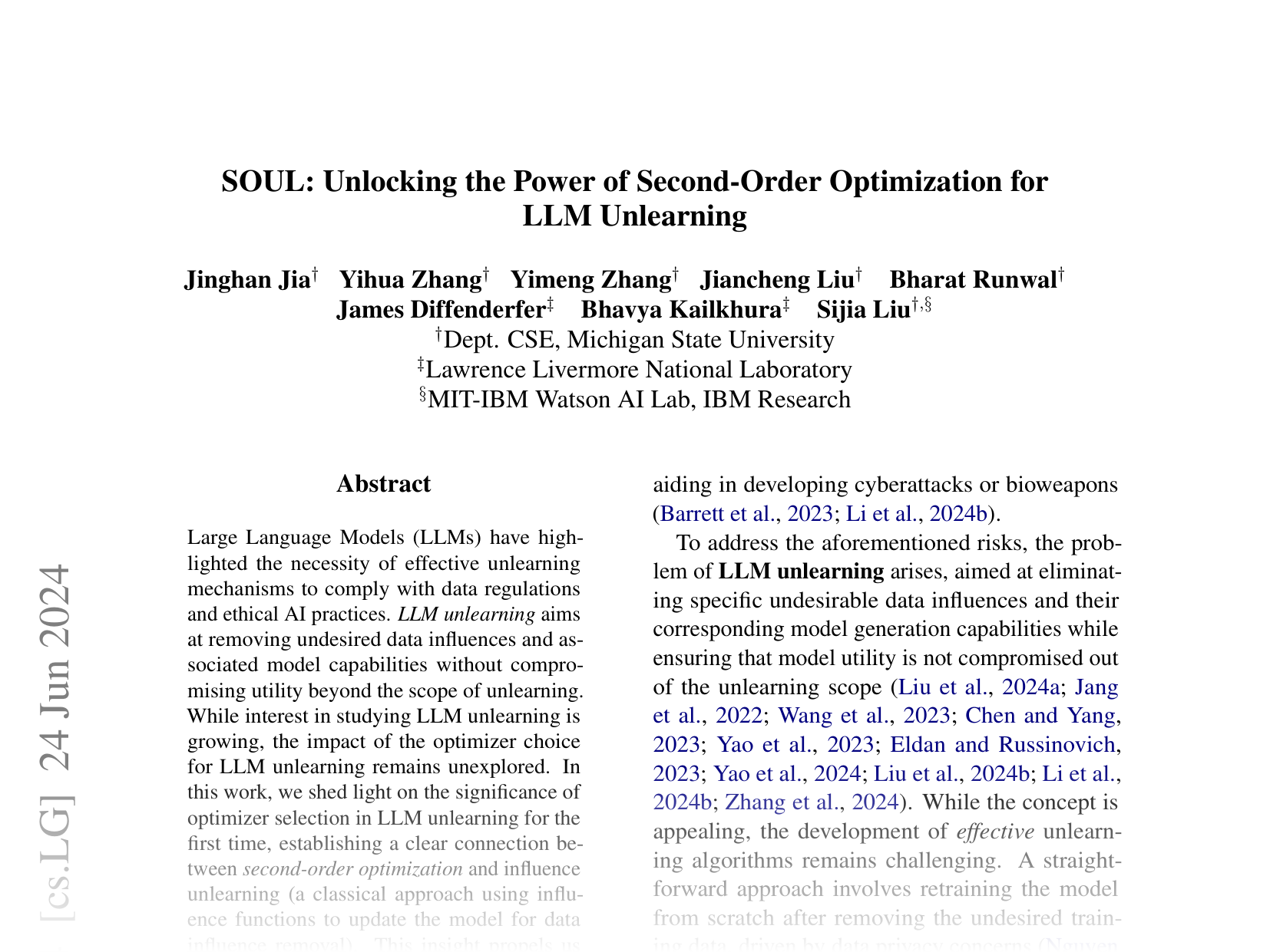[SOUL: Unlocking the Power of Second-Order Optimization for LLM Unlearning 🔗](https://arxiv.org/abs/2404.18239)