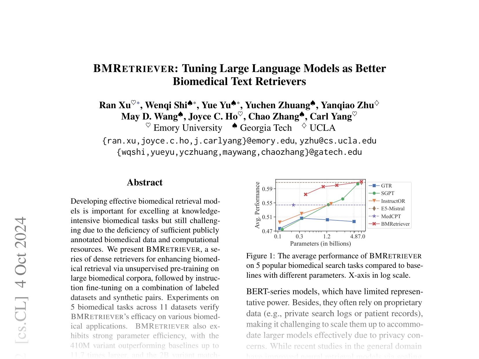 [BMRETRIEVER: Tuning Large Language Models as Better Biomedical Text Retrievers 🔗](https://arxiv.org/abs/2404.18443)