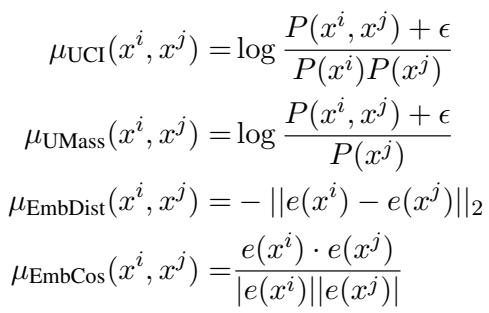 UCI, UMass, EmbDist, 和 EmbCos 的方程。