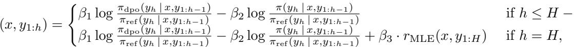 Equation for the RTO reward function. It defines a dense reward for every step h. For intermediate steps, it uses the log-ratio of the DPO policy to the reference policy. At the final step H, it adds the sentence-level MLE reward.