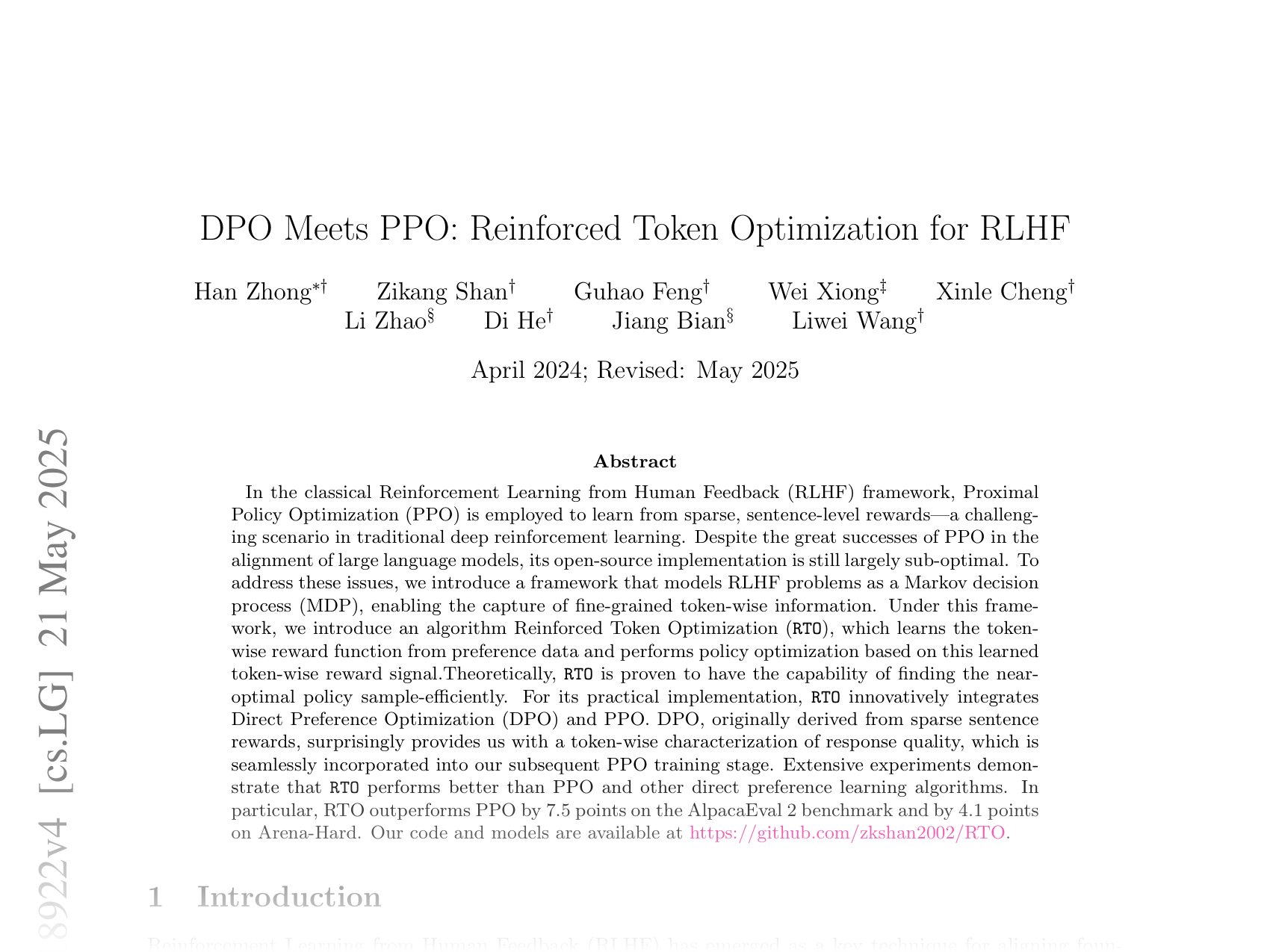 [DPO Meets PPO: Reinforced Token Optimization for RLHF 🔗](https://arxiv.org/abs/2404.18922)