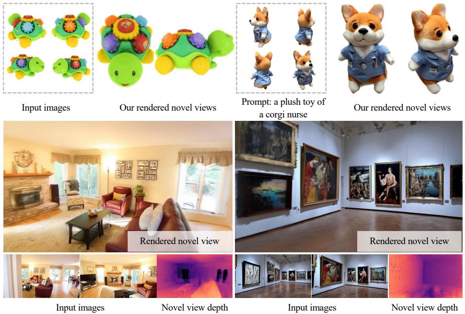 A collage showing GS-LRM’s ability to reconstruct objects and complex scenes from just a few input images, including generating 3D models from text prompts.