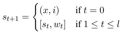 Equation defining the state transition based on previous tokens.