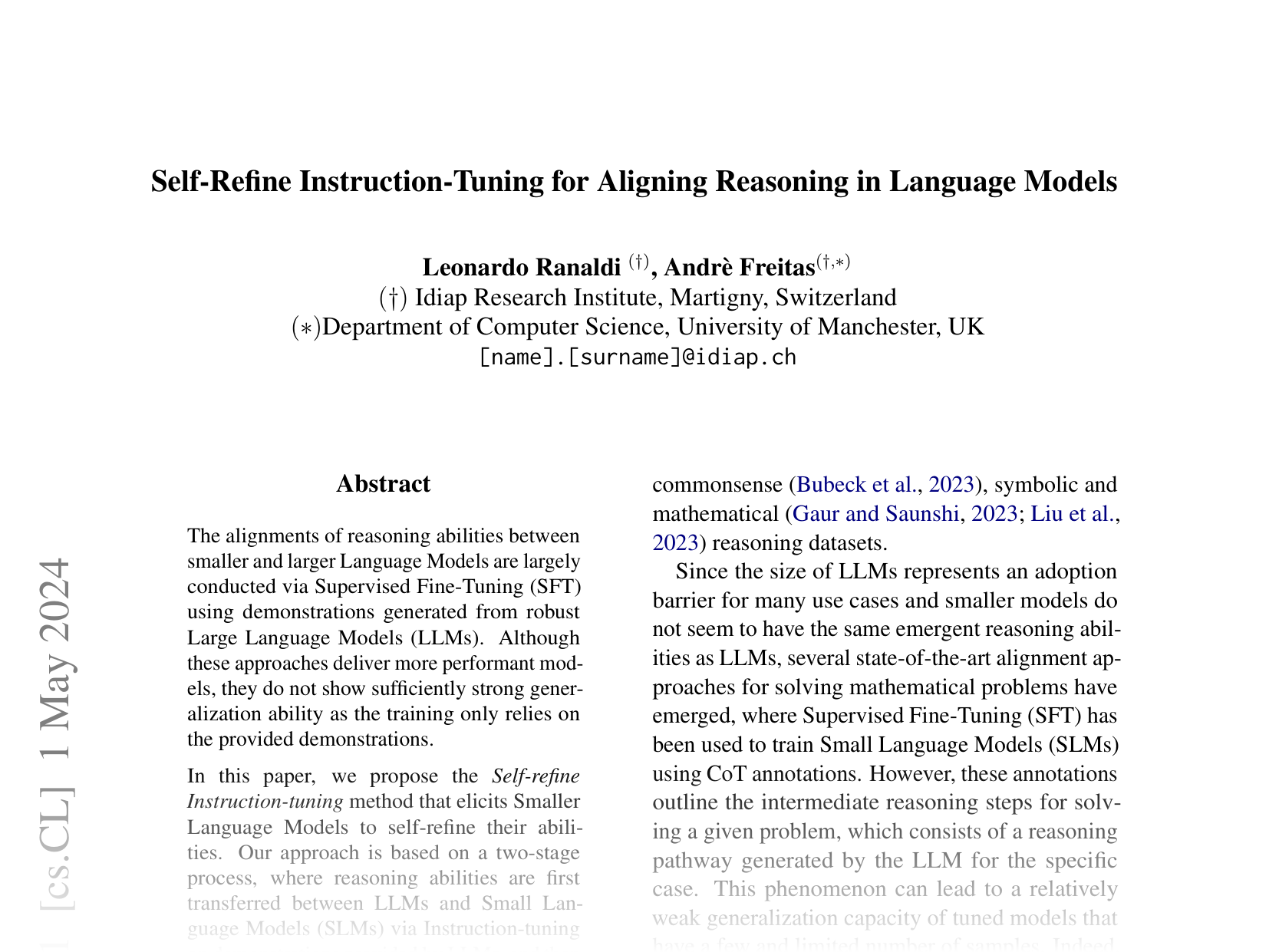 [Self-Refine Instruction-Tuning for Aligning Reasoning in Language Models 🔗](https://arxiv.org/abs/2405.00402)