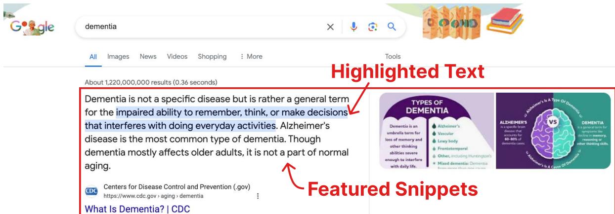 图 6: 带注释的 Google 搜索结果截图,展示了使术语变得“谷歌易懂”的知识面板和摘要片段。